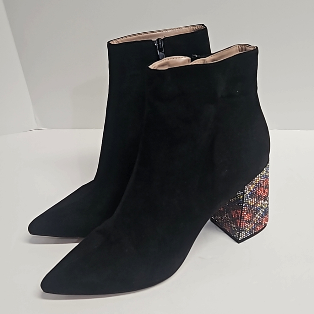 Betsey Johnson the Kassie textile upper black boots rhinetones heel Women's 9.5 - Picture 2 of 11
